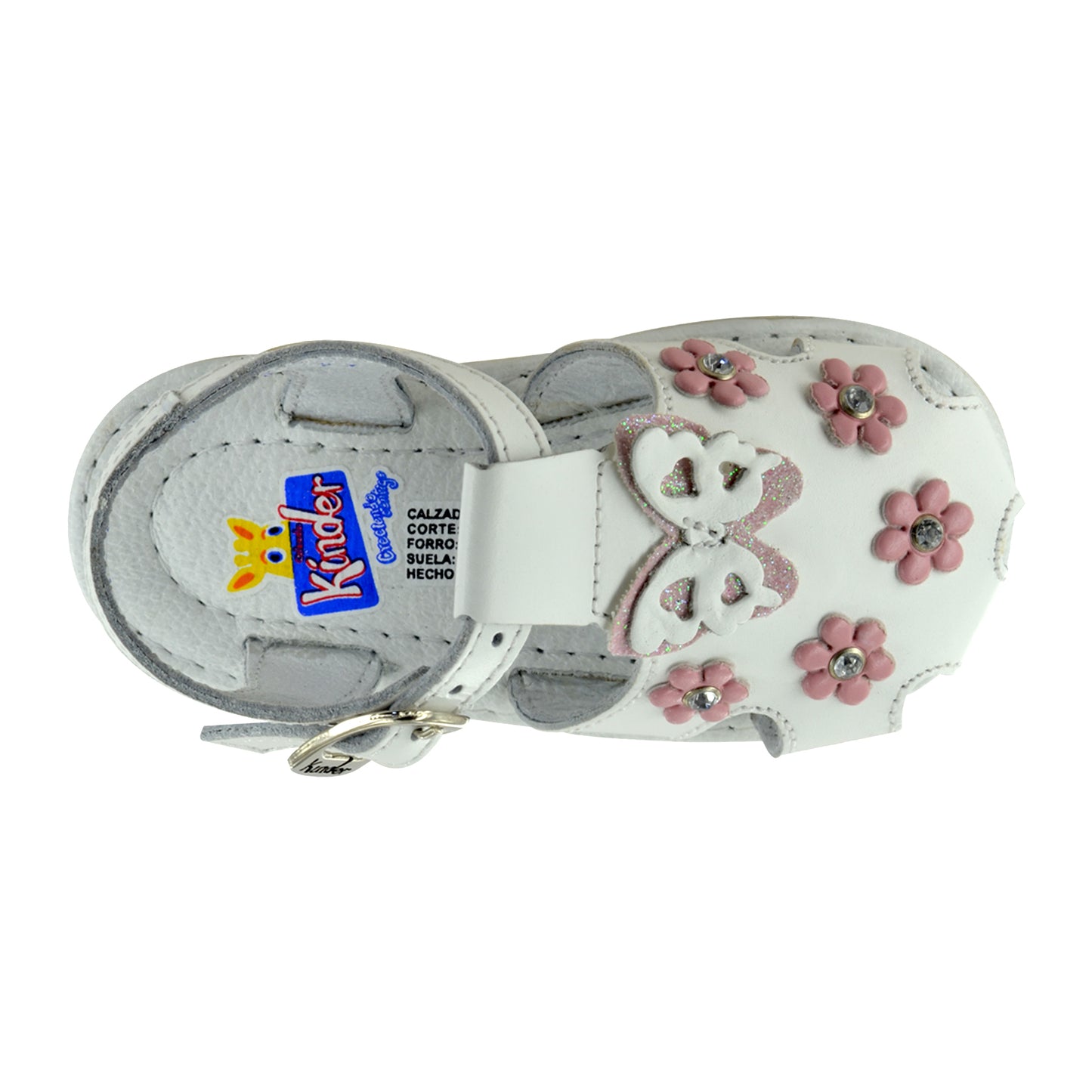 Sandalia para bebe blanca con flores rosas y mariposas de nuestra sección de primeros pasos. Zapatos para los más pequeños de la última colección de moda infantil con diversos estilos para todas las ocasiones.