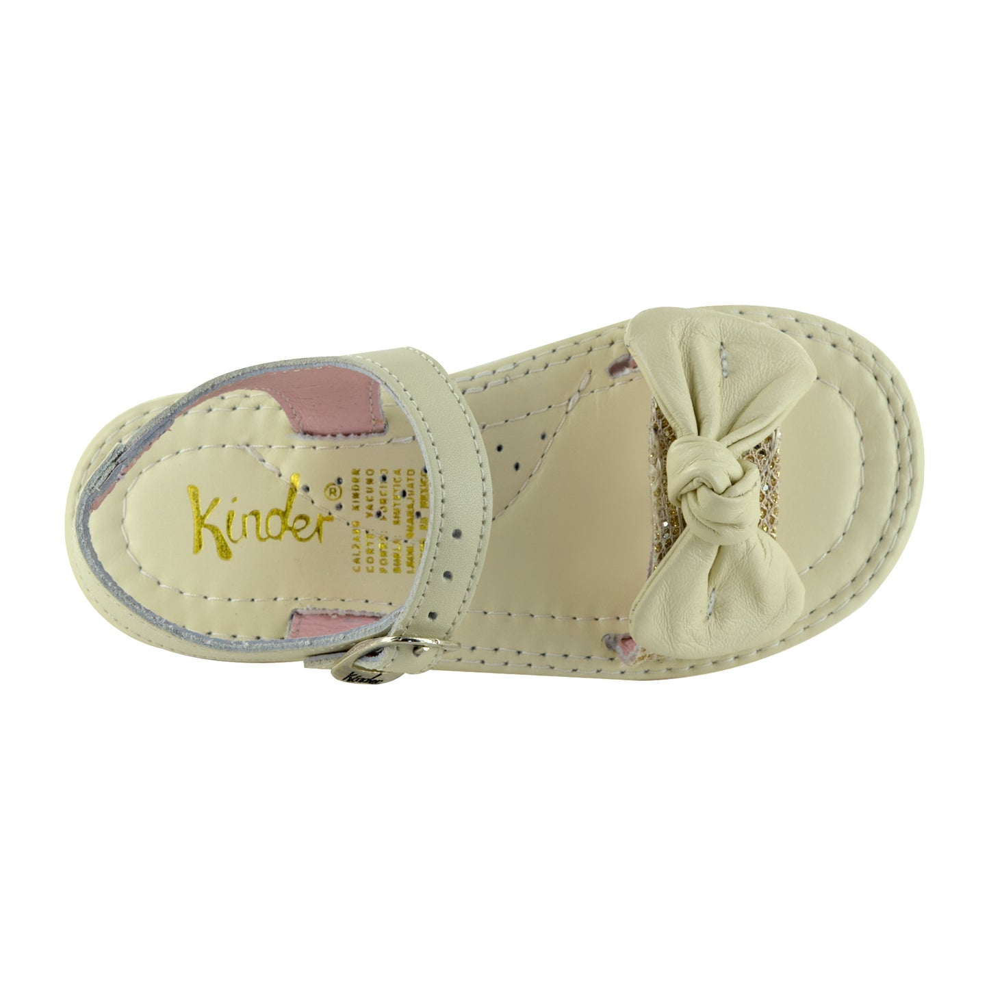 Sandalia para niña color hueso con moño y detalles en color oro, perfecta para ocasiones especiales, parte de nuestra colección de calzado infantil de moda.